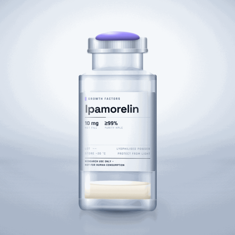 Ipamorelin — lyophilised research compound vial, ≥99% purity, for laboratory research use only