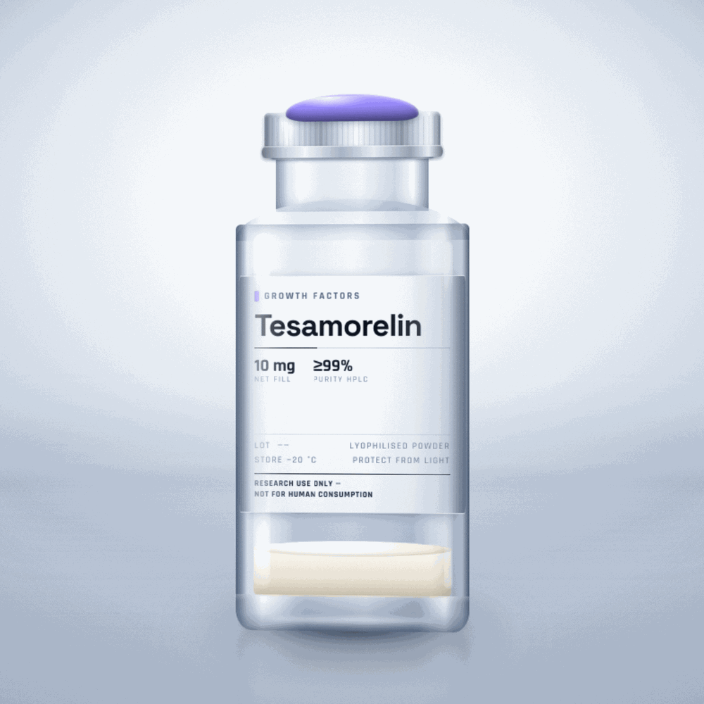 Tesamorelin — lyophilised research compound vial, ≥99% purity, for laboratory research use only